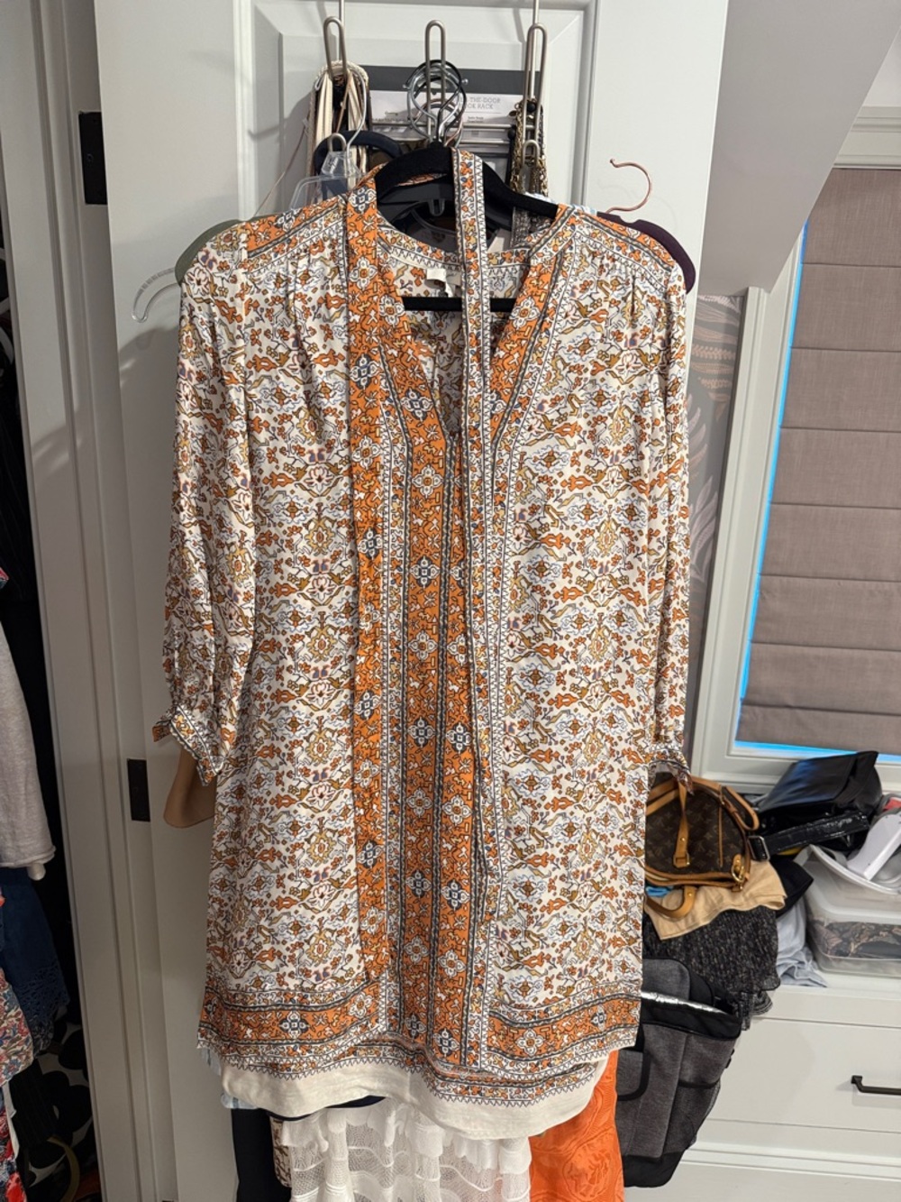 Joie White and Rust Floral Long-Sleeve Tunic Dress
